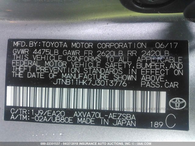 JTNB11HK7J3013776 - 2018 TOYOTA CAMRY L/LE/XLE/SE/XSE SILVER photo 9