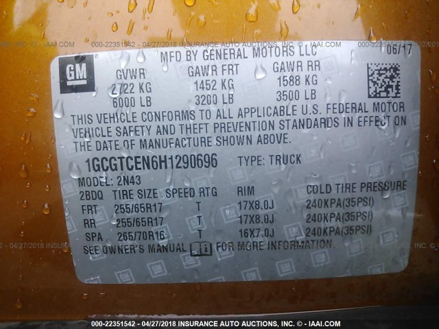 1GCGTCEN6H1290696 - 2017 CHEVROLET COLORADO LT ORANGE photo 9