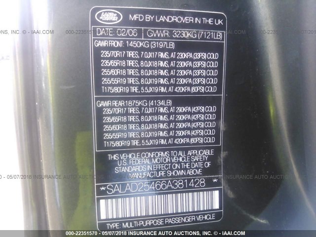 SALAD25466A381428 - 2006 LAND ROVER LR3 SE GREEN photo 9