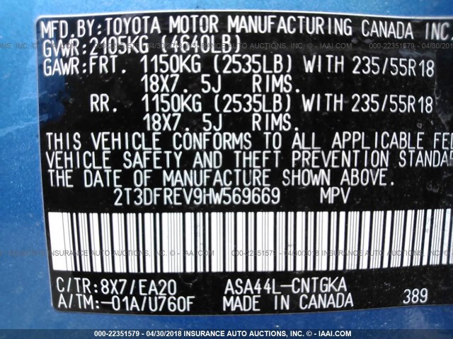 2T3DFREV9HW569669 - 2017 TOYOTA RAV4 LIMITED/SE/PLATINUM BLUE photo 9