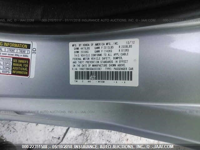 1HGCT2B85DA003397 - 2013 HONDA ACCORD EXL SILVER photo 9