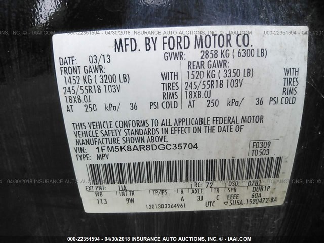 1FM5K8AR8DGC35704 - 2013 FORD EXPLORER POLICE INTERCEPTOR BLACK photo 9