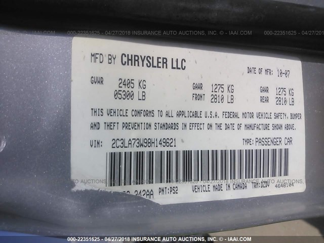 2C3LA73W98H149621 - 2008 CHRYSLER 300C SRT-8 SILVER photo 9