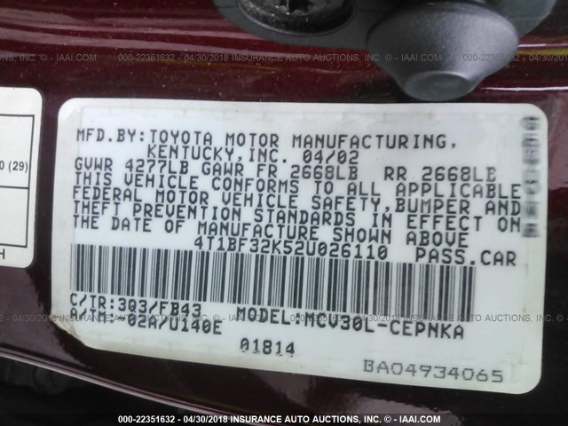 4T1BF32K52U026110 - 2002 TOYOTA CAMRY LE/XLE/SE 勃艮第红 照片 9