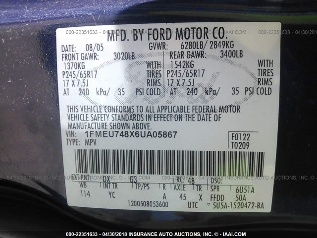 1FMEU748X6UA05867 - 2006 FORD EXPLORER EDDIE BAUER BLUE photo 9