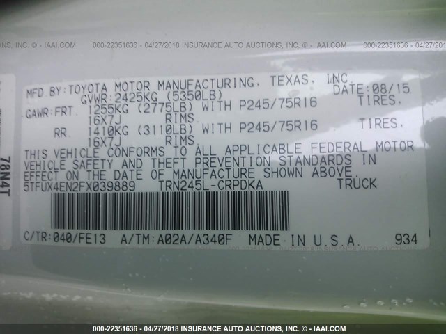 5TFUX4EN2FX039889 - 2015 TOYOTA TACOMA ACCESS CAB Ақ фото 9