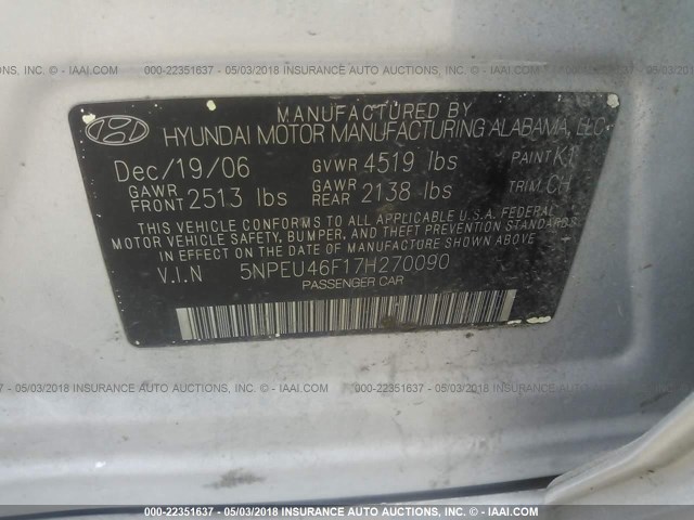 5NPEU46F17H270090 - 2007 HYUNDAI SONATA SE/LIMITED SILVER photo 9