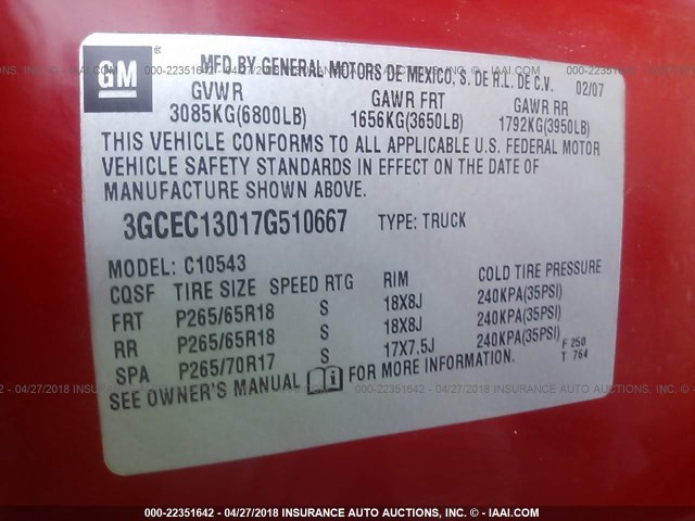 3GCEC13017G510667 - 2007 CHEVROLET SILVERADO C1500 CREW CAB RED photo 9