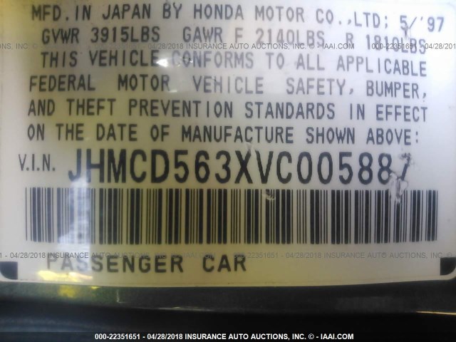 JHMCD563XVC005887 - 1997 HONDA ACCORD LX/EX GREEN photo 9