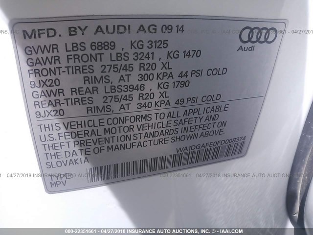 WA1DGAFE0FD008374 - 2015 AUDI Q7 PRESTIGE WHITE photo 9