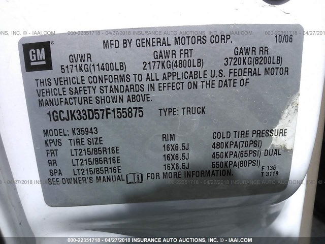 1GCJK33D57F155875 - 2007 CHEVROLET SILVERADO K3500 WHITE photo 9