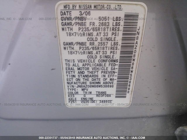 JN8AZ08W86W538698 - 2006 NISSAN MURANO SL/SE/S SILVER photo 9