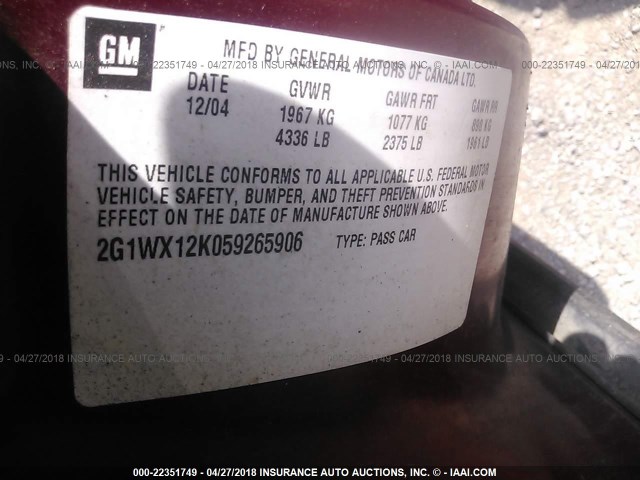 2G1WX12K059265906 - 2005 CHEVROLET MONTE CARLO LT MAROON photo 9