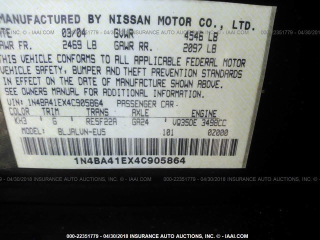 1N4BA41EX4C905864 - 2004 NISSAN MAXIMA SE/SL BLACK photo 9