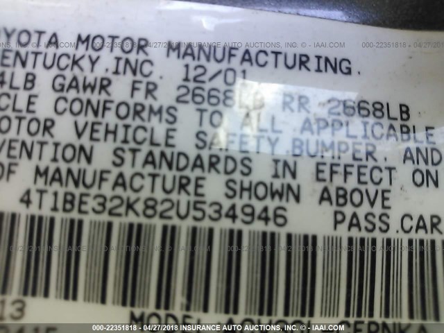 4T1BE32K82U534946 - 2002 TOYOTA CAMRY LE/XLE/SE GRAY photo 9