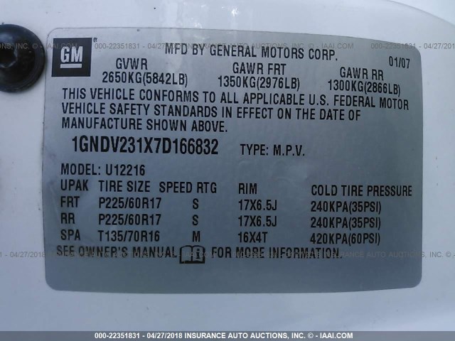1GNDV231X7D166832 - 2007 CHEVROLET UPLANDER LS WHITE photo 9