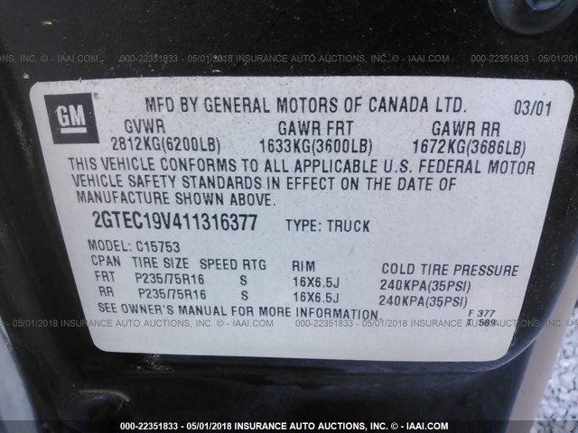 2GTEC19V411316377 - 2001 GMC NEW SIERRA C1500 BLACK photo 9