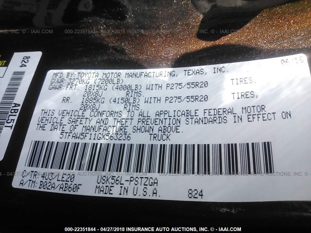 5TFAW5F11GX563236 - 2016 TOYOTA TUNDRA CREWMAX 1794/PLATINUM 棕色 照片 9