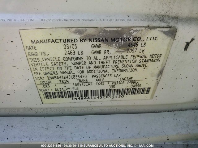 1N4BA41E45C855450 - 2005 NISSAN MAXIMA SE/SL WHITE photo 9