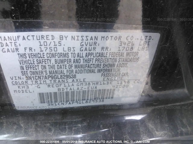 3N1CN7AP9GL829538 - 2016 NISSAN VERSA S/S PLUS/SV/SL BLACK photo 9