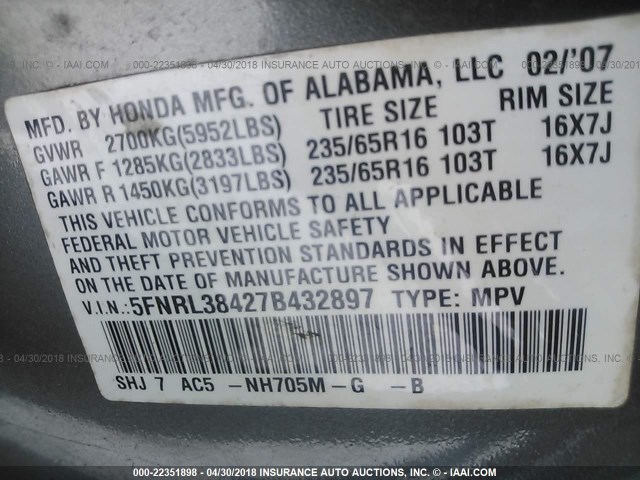 5FNRL38427B432897 - 2007 HONDA ODYSSEY EX GRAY photo 9