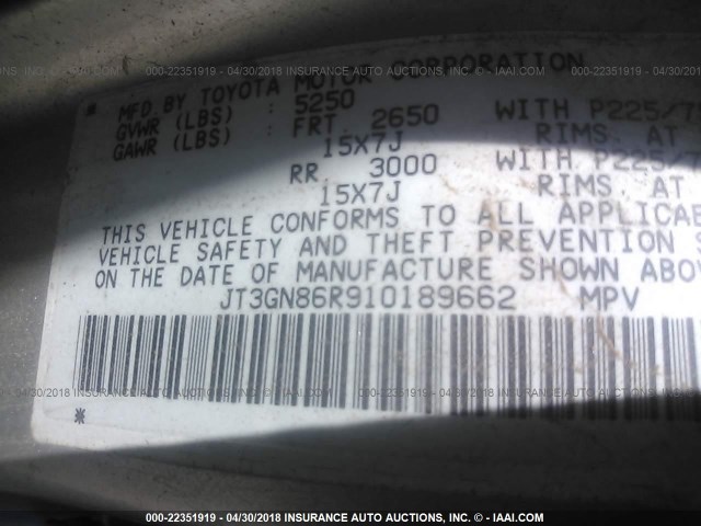 JT3GN86R910189662 - 2001 TOYOTA 4RUNNER SR5 SILVER photo 9