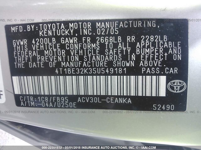 4T1BE32K35U549181 - 2005 TOYOTA CAMRY LE/XLE/SE SILVER photo 9