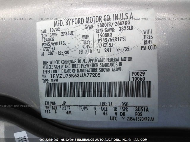 1FMZU75K63UA77205 - 2003 FORD EXPLORER LIMITED SILVER photo 9