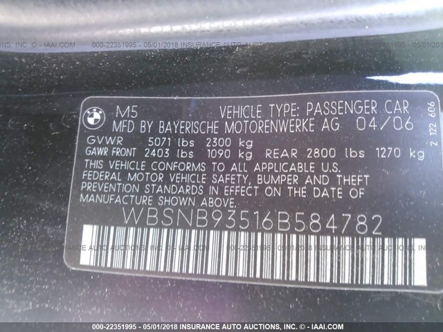 WBSNB93516B584782 - 2006 BMW M5 BLACK photo 9