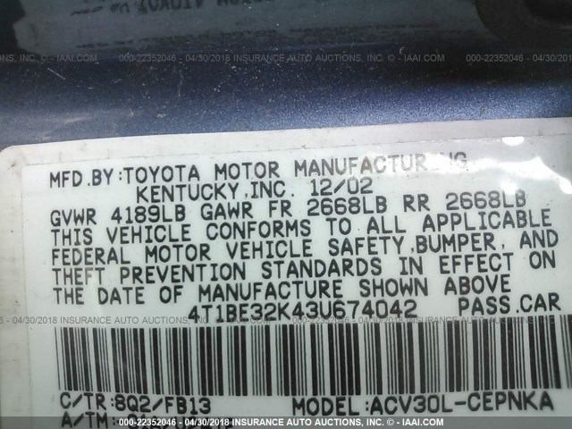 4T1BE32K43U674042 - 2003 TOYOTA CAMRY LE/XLE/SE ლურჯი ფოტო 9