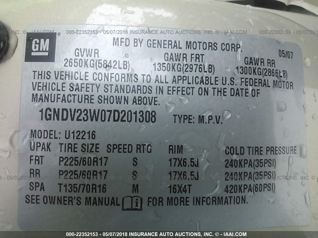 1GNDV23W07D201308 - 2007 CHEVROLET UPLANDER LS GOLD photo 9
