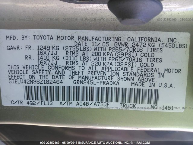 5TELU42N36Z182464 - 2006 TOYOTA TACOMA DOUBLE CAB ოქროსფერი ფოტო 9