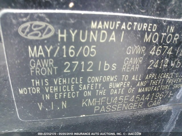 KMHFU45E45A419671 - 2005 HYUNDAI XG 350 BLACK photo 9