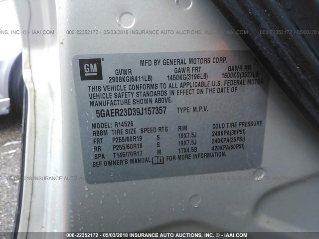 5GAER23D39J157357 - 2009 BUICK ENCLAVE CXL Or photo 9