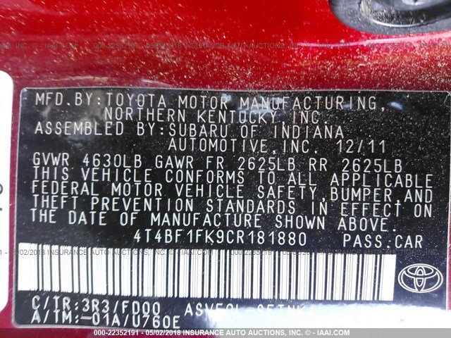 4T4BF1FK9CR181880 - 2012 TOYOTA CAMRY SE/LE/XLE 红色 照片 9