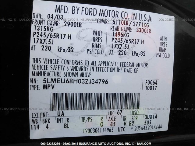 5LMEU68H03ZJ34796 - 2003 LINCOLN AVIATOR 黑色 照片 9