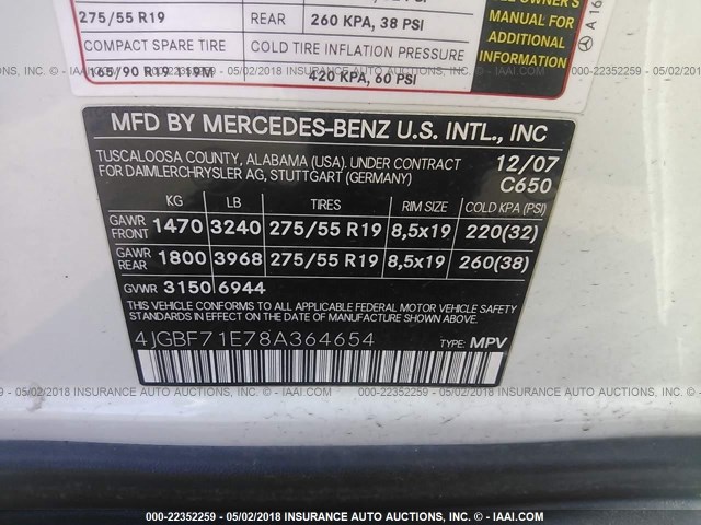 4JGBF71E78A364654 - 2008 MERCEDES-BENZ GL 450 4MATIC WHITE photo 9