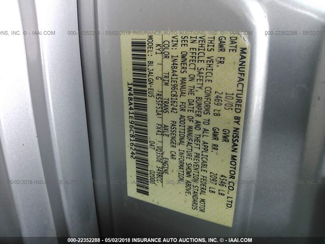 1N4BA41E96C816242 - 2006 NISSAN MAXIMA SE/SL GRAY photo 9