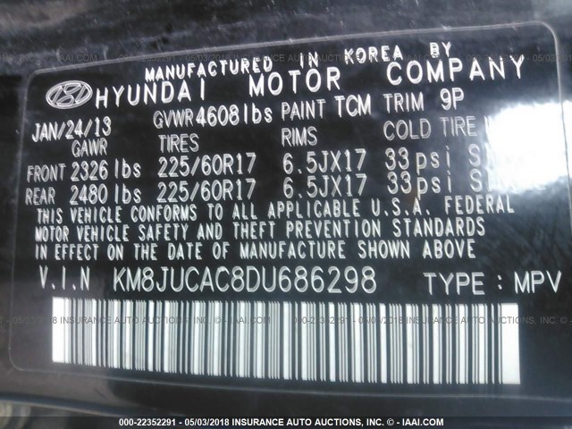 KM8JUCAC8DU686298 - 2013 HYUNDAI TUCSON GLS/LIMITED 黑色 照片 9
