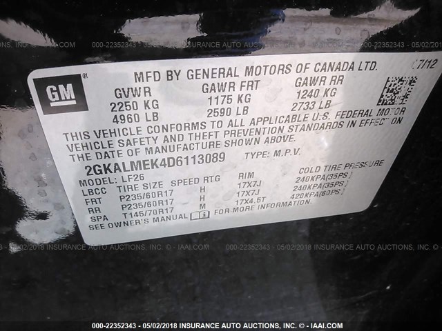 2GKALMEK4D6113089 - 2013 GMC TERRAIN SLE BLACK photo 9