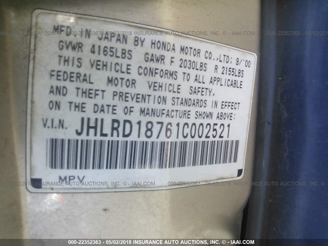 JHLRD18761C002521 - 2001 HONDA CR-V SE/LE GOLD photo 9