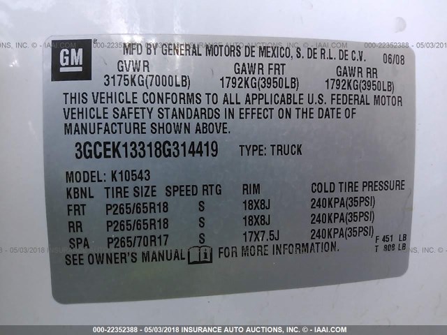 3GCEK13318G314419 - 2008 CHEVROLET SILVERADO K1500 WHITE photo 9