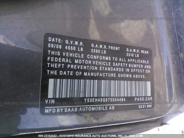 YS3EH49G673504494 - 2007 SAAB 9-5 AERO GRAY photo 9