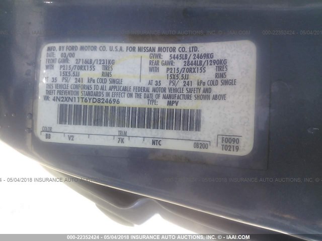 4N2XN11T6YD824696 - 2000 NISSAN QUEST SE/GLE/GXE BLUE photo 9