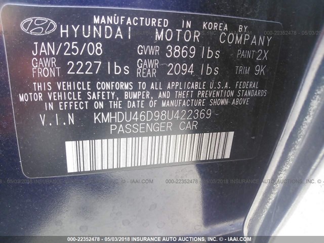 KMHDU46D98U422369 - 2008 HYUNDAI ELANTRA GLS/SE/LIMITED BLUE photo 9