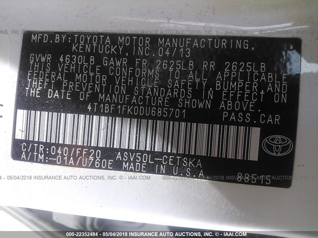 4T1BF1FK0DU685701 - 2013 TOYOTA CAMRY L/SE/LE/XLE 白色 照片 9