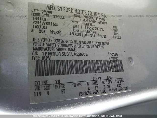 1FMRU15L31LA28603 - 2001 FORD EXPEDITION XLT SILVER photo 9