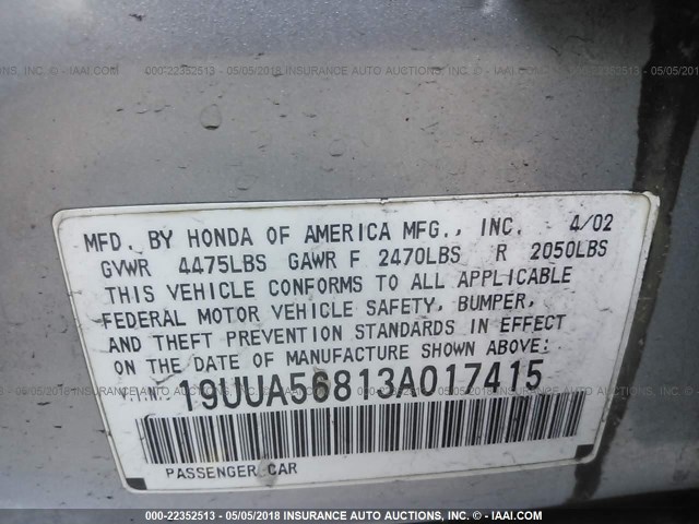 19UUA56813A017415 - 2003 ACURA 3.2TL TYPE-S SILVER photo 9