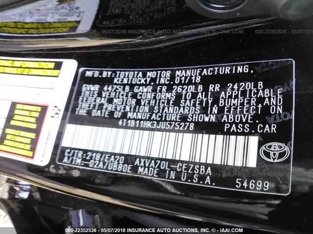 4T1B11HK3JU575278 - 2018 TOYOTA CAMRY L/LE/XLE/SE/XSE BLACK photo 9