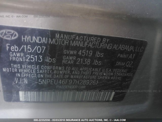 5NPEU46F97H289261 - 2007 HYUNDAI SONATA SE/LIMITED GOLD photo 9